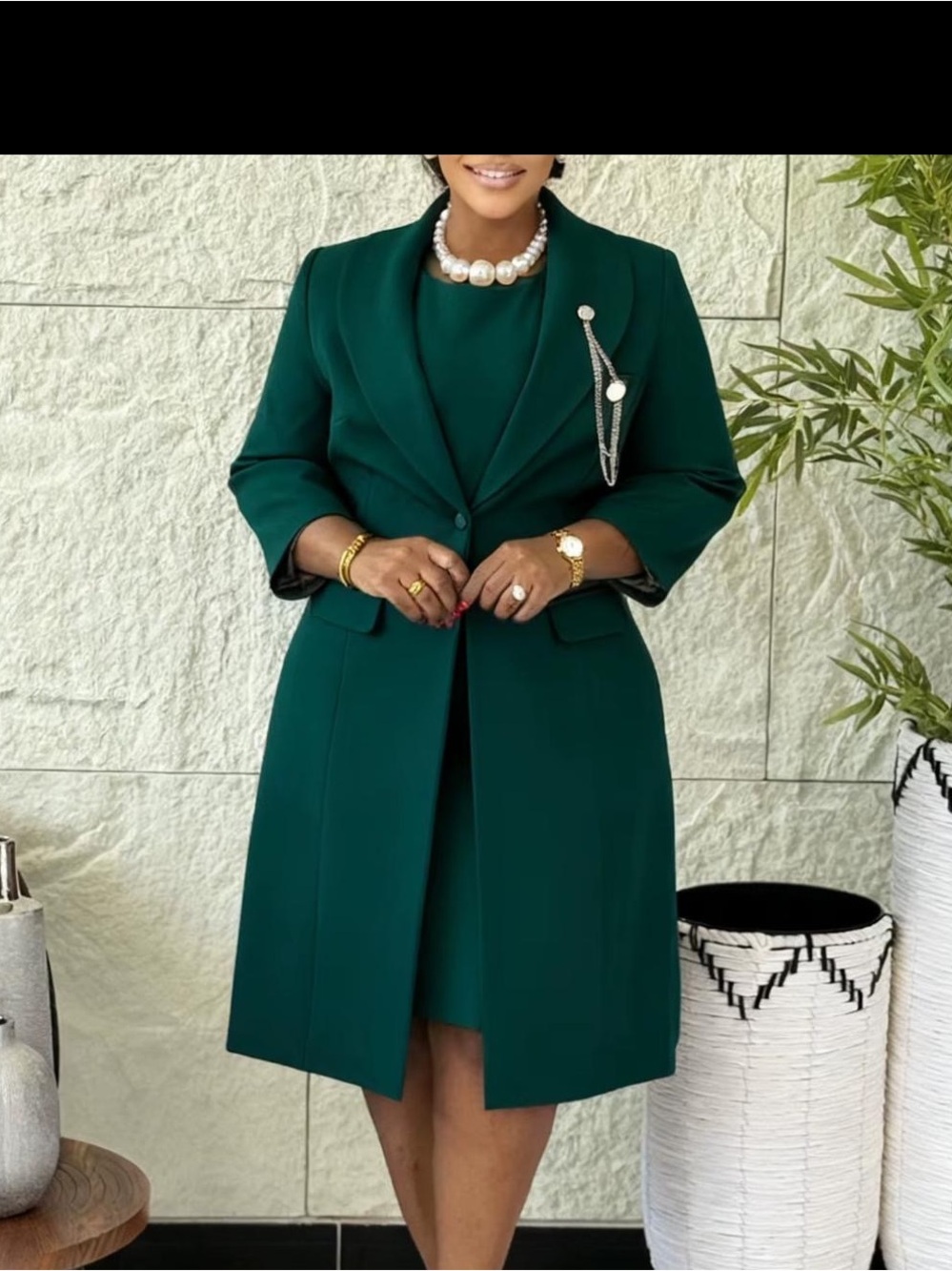 Elegant Deep Green Women's Long Blazer Coat